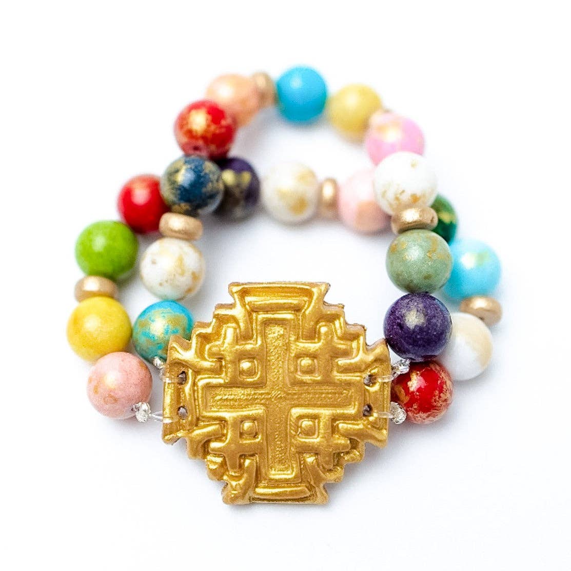 Multicolored Jade Double Strand with Jerusalem Cross Bracele