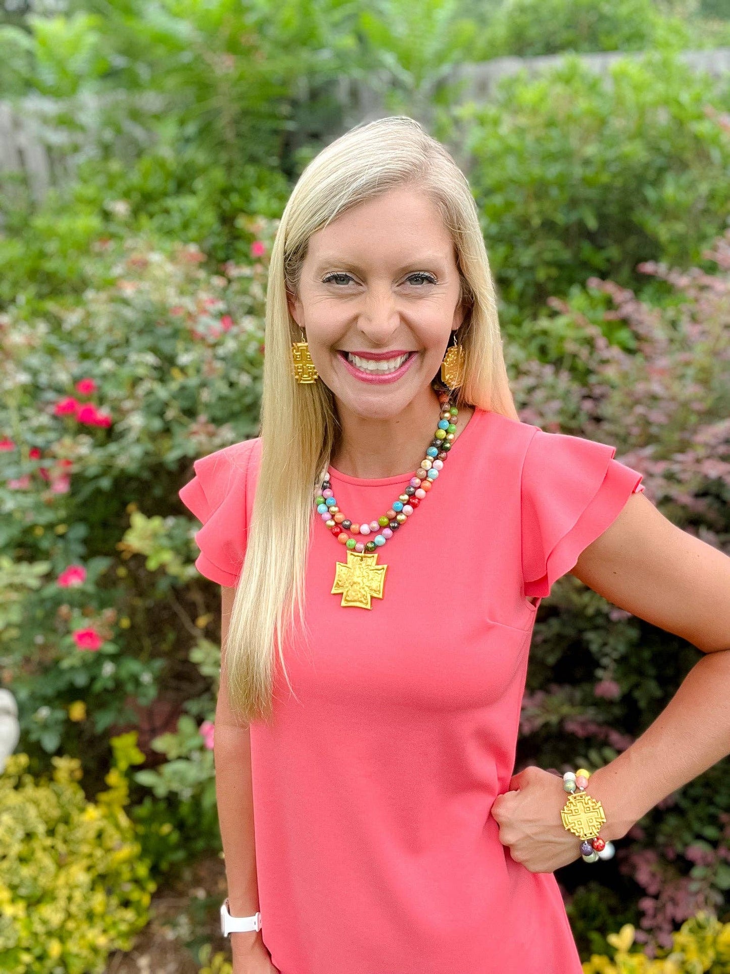 Multicolored Jade Double Strand with Jerusalem Cross Bracele