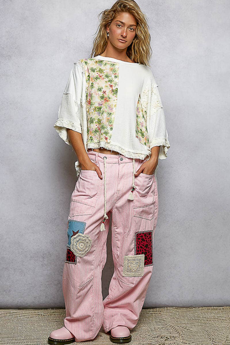Round Neck Double Gauze Floral Woven Top