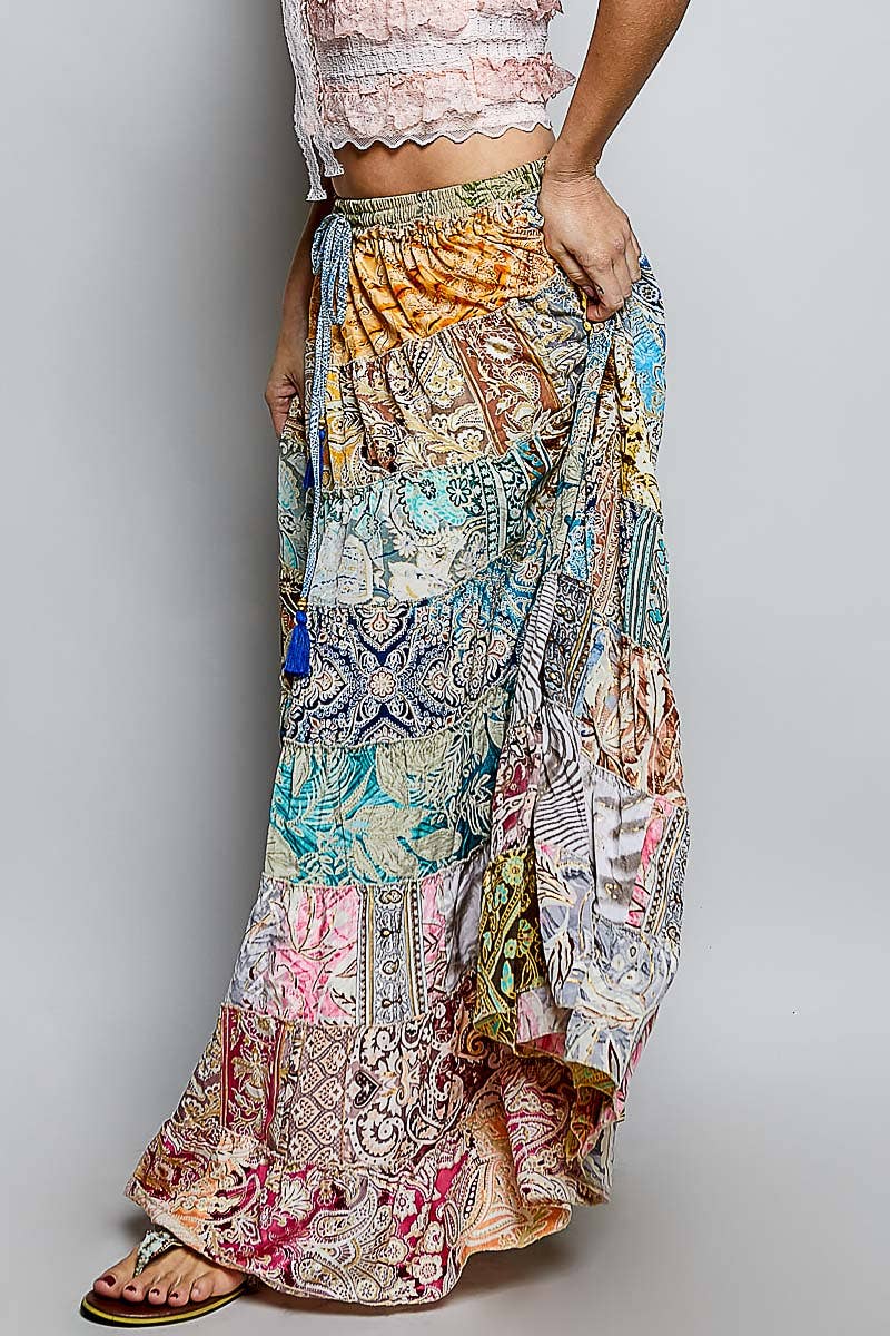Assorted Print Boho Ruffle Wide Flare Skirt