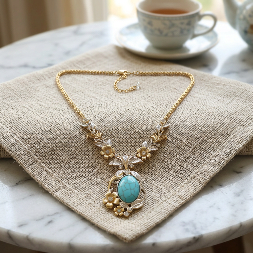 Vintage 18K Gold Plated Turquoise Floral Pendant Necklace