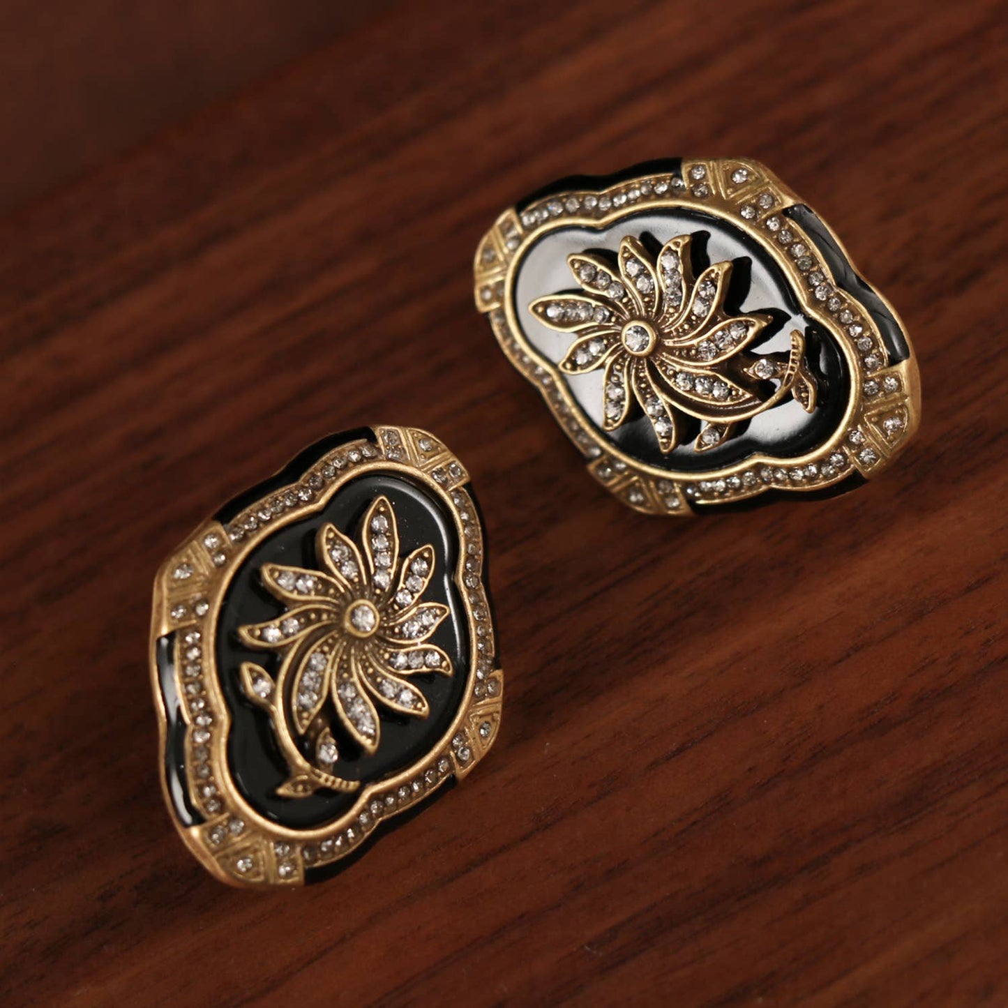 Vintage Enamel Black and Gold Floral Earrings with Crystal