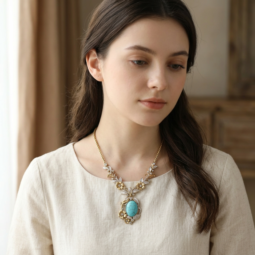 Vintage 18K Gold Plated Turquoise Floral Pendant Necklace