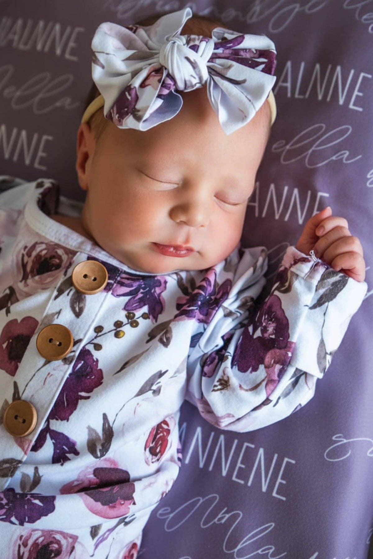 Newborn Baby Knot Gown & Hat Set | Demi's Dusty Purple Floral