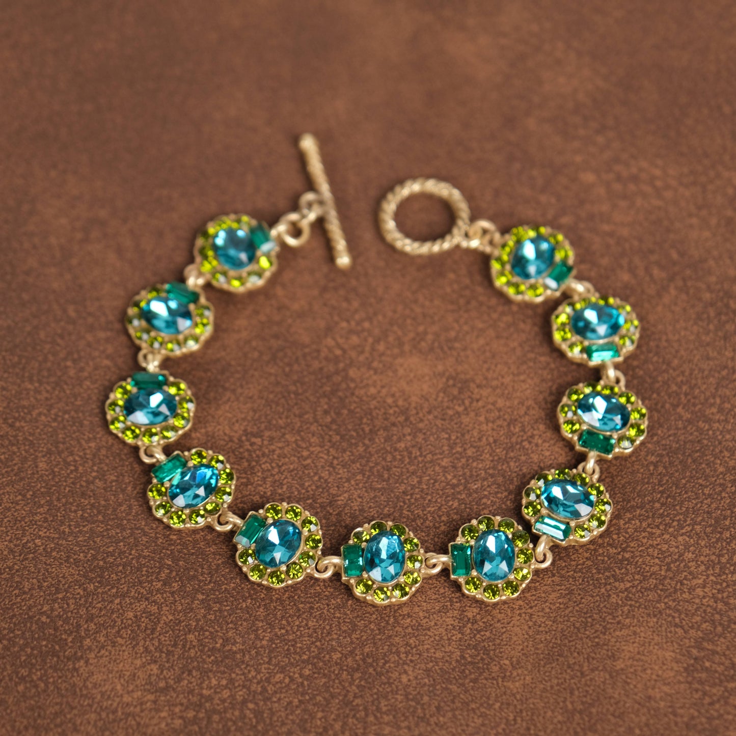 Vintage 18K Gold Plated Blue&Green Crystal Flower Bracelet