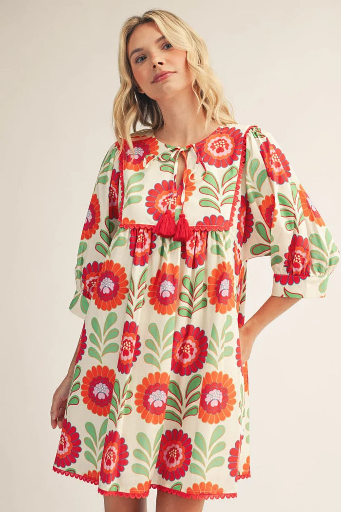 Whimsical Floral Print Half Sleeve Babydoll Dress
