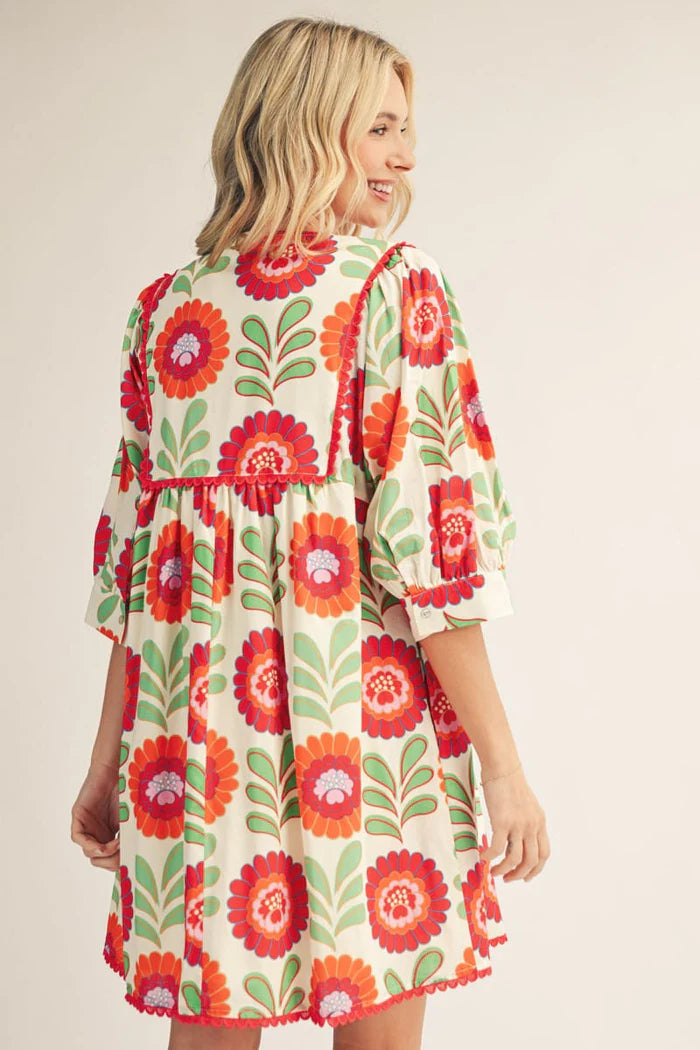 Whimsical Floral Print Half Sleeve Babydoll Dress