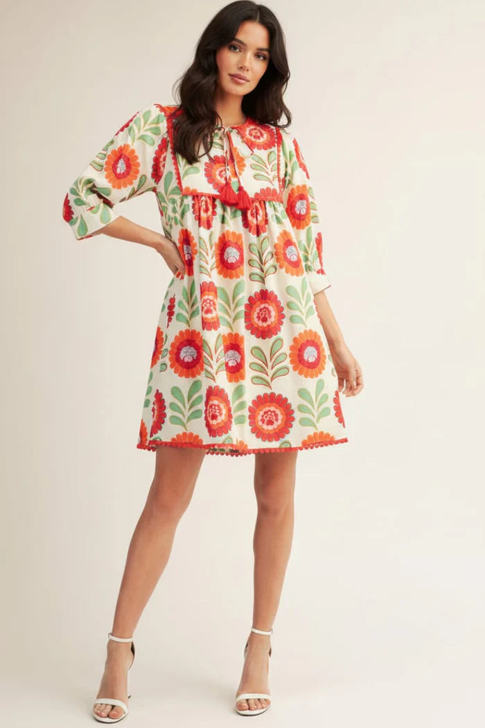 Whimsical Floral Print Half Sleeve Babydoll Dress