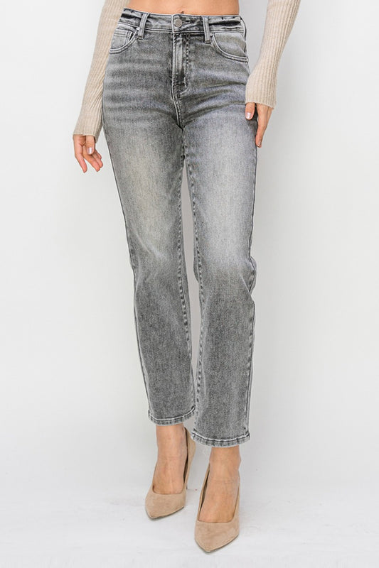 Washed Grey High Rise Crop Straight Leg Denim