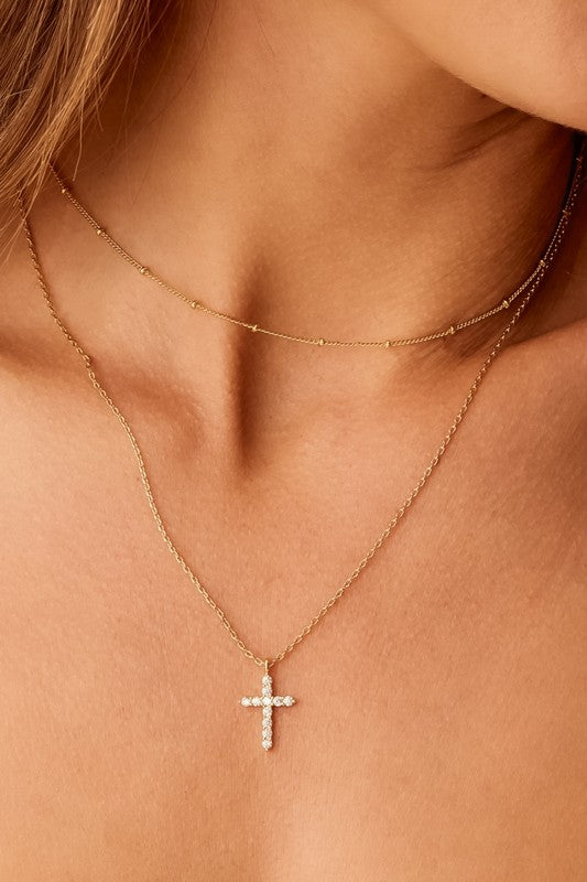 Dainty Layered Crystal Cross 18k Gold Plated Necklace