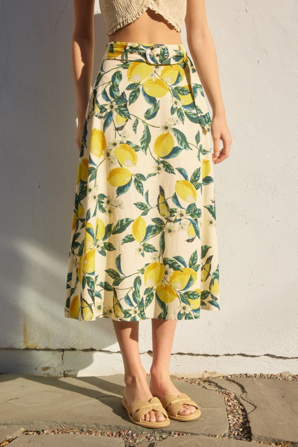 Lemon Garden A Line Midi Skirt with Belt