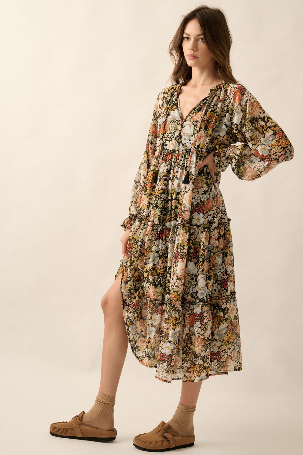 Nothin' Crazy Floral Printed Chiffon Midi Dress (Small to Large)