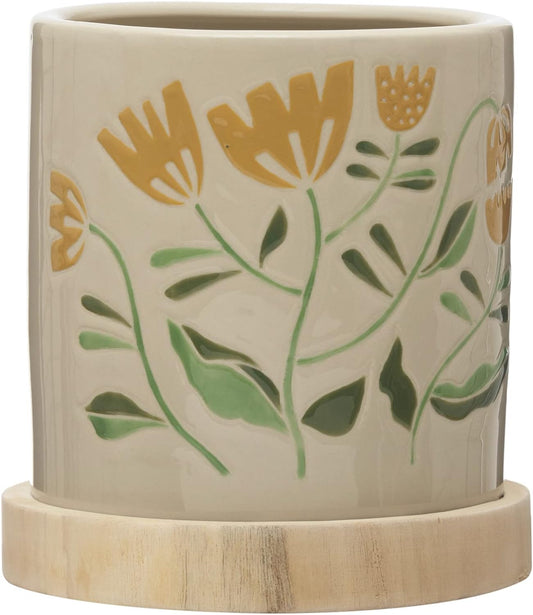Hand-Painted Stoneware Planter with Paulownia Wood Saucer