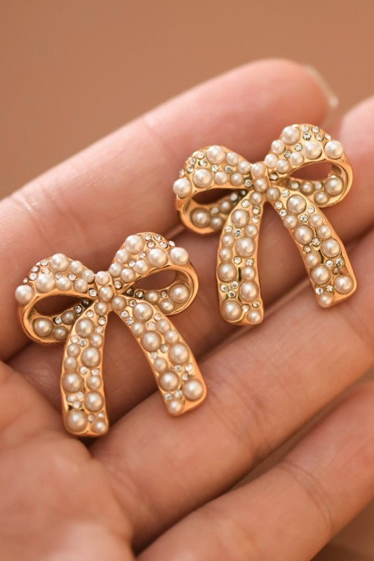 Pearl Bow Gold Plated Earrings