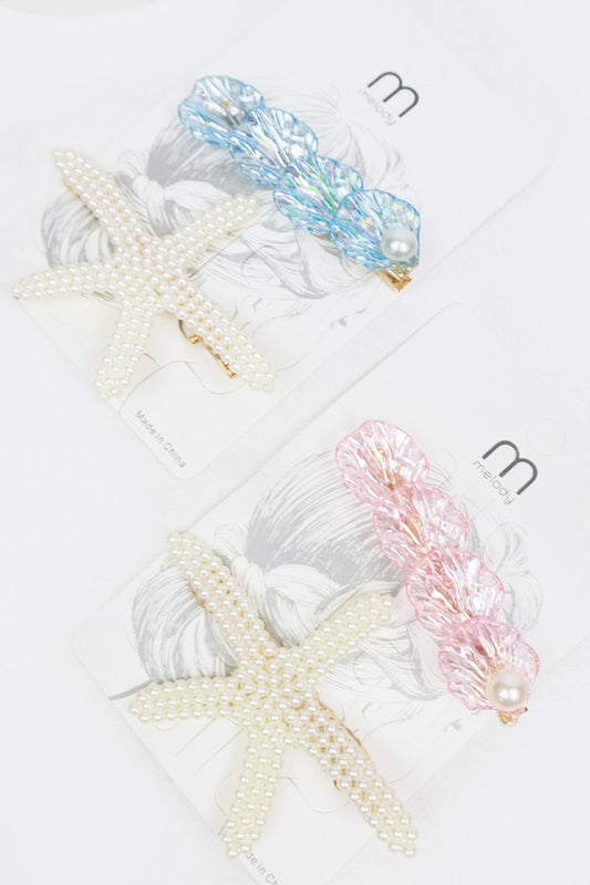 Seashell Pearl Starfish Hair Clips 2 Colors