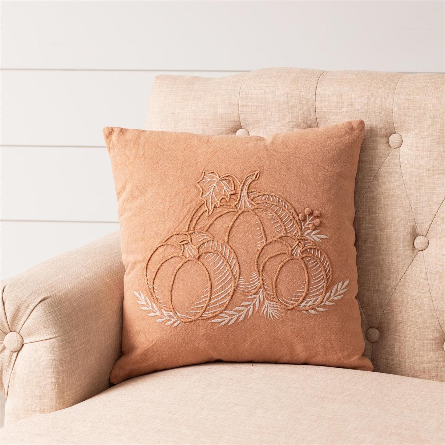 Stonewashed Decorative Pillow with Pumpkin Embroidery