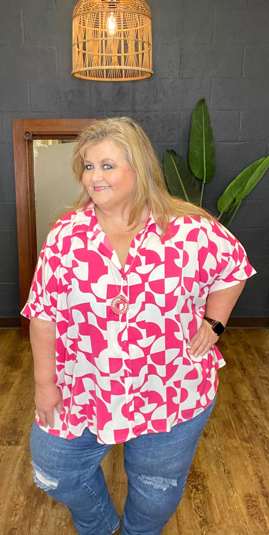 A Pop of Pink Printed Blouse (XL to 2X)