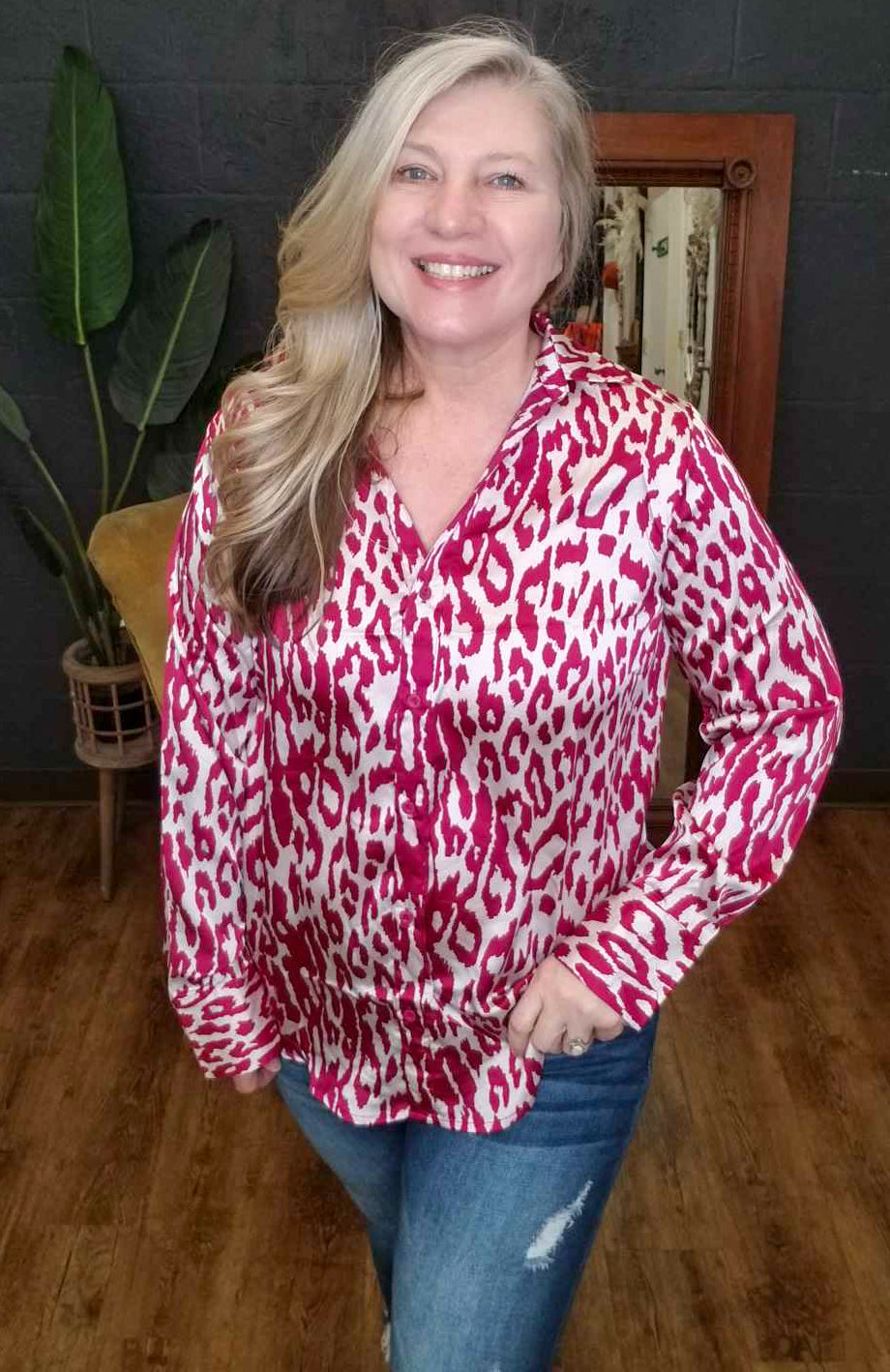 Time to Party Fuchsia Satin Button Down Plus Size Shirt (XL to 2XL)