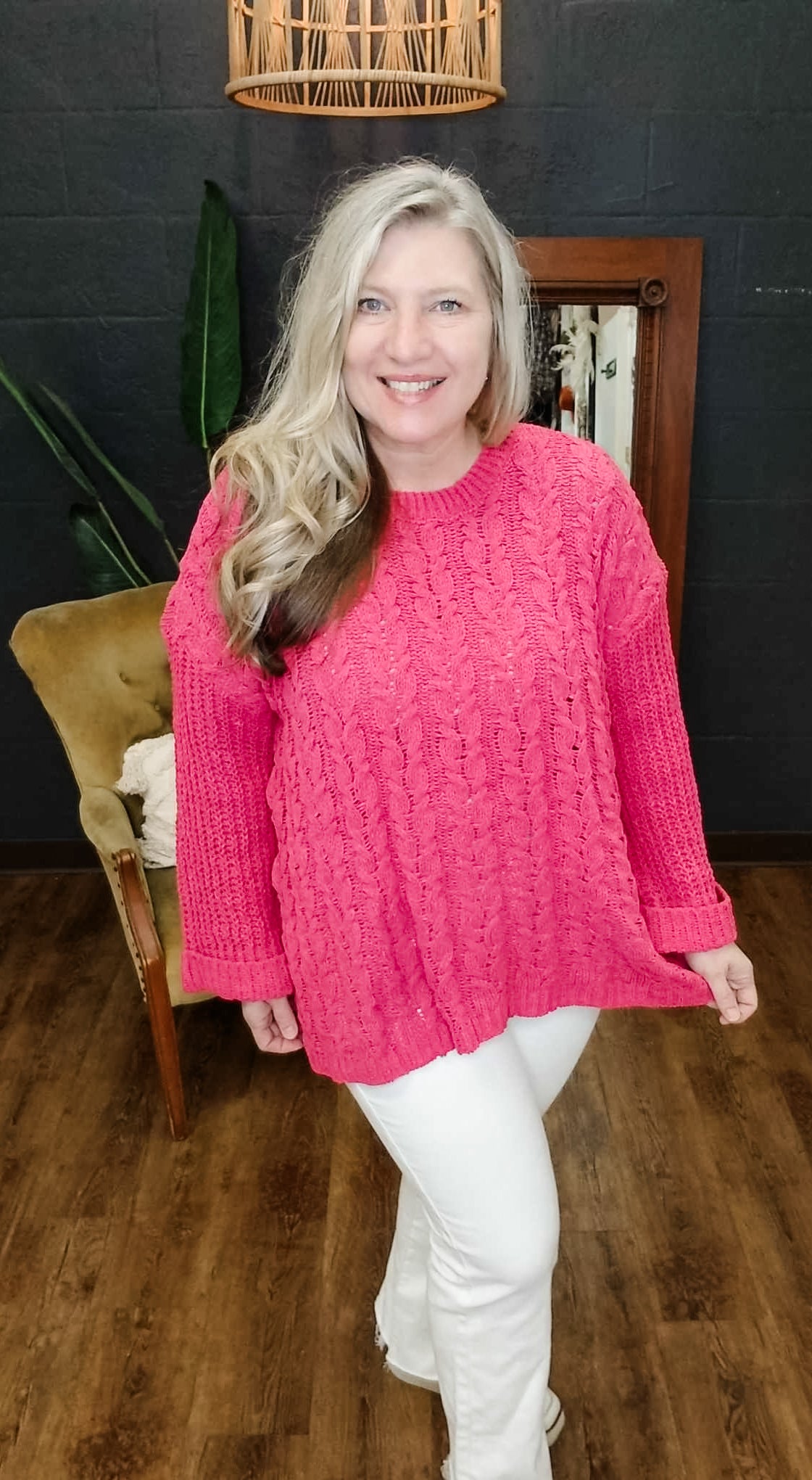 Falling For You Pink Cuffed Long Sleeve Knit Sweater (XL to 2XL)