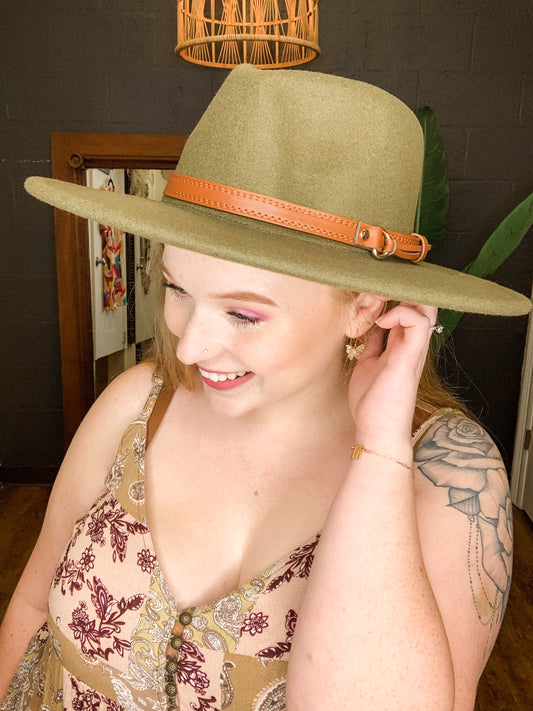 Olive Flat Brim Felt Hat with Faux Leather Buckle Band