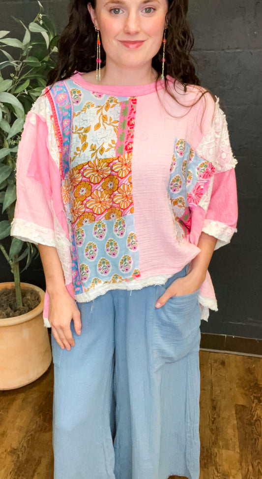 Round Neck Double Gauze Floral Woven Top