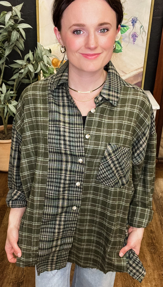 Olivia Olive Plaid Frayed Edge Button Up (Smal to Large)