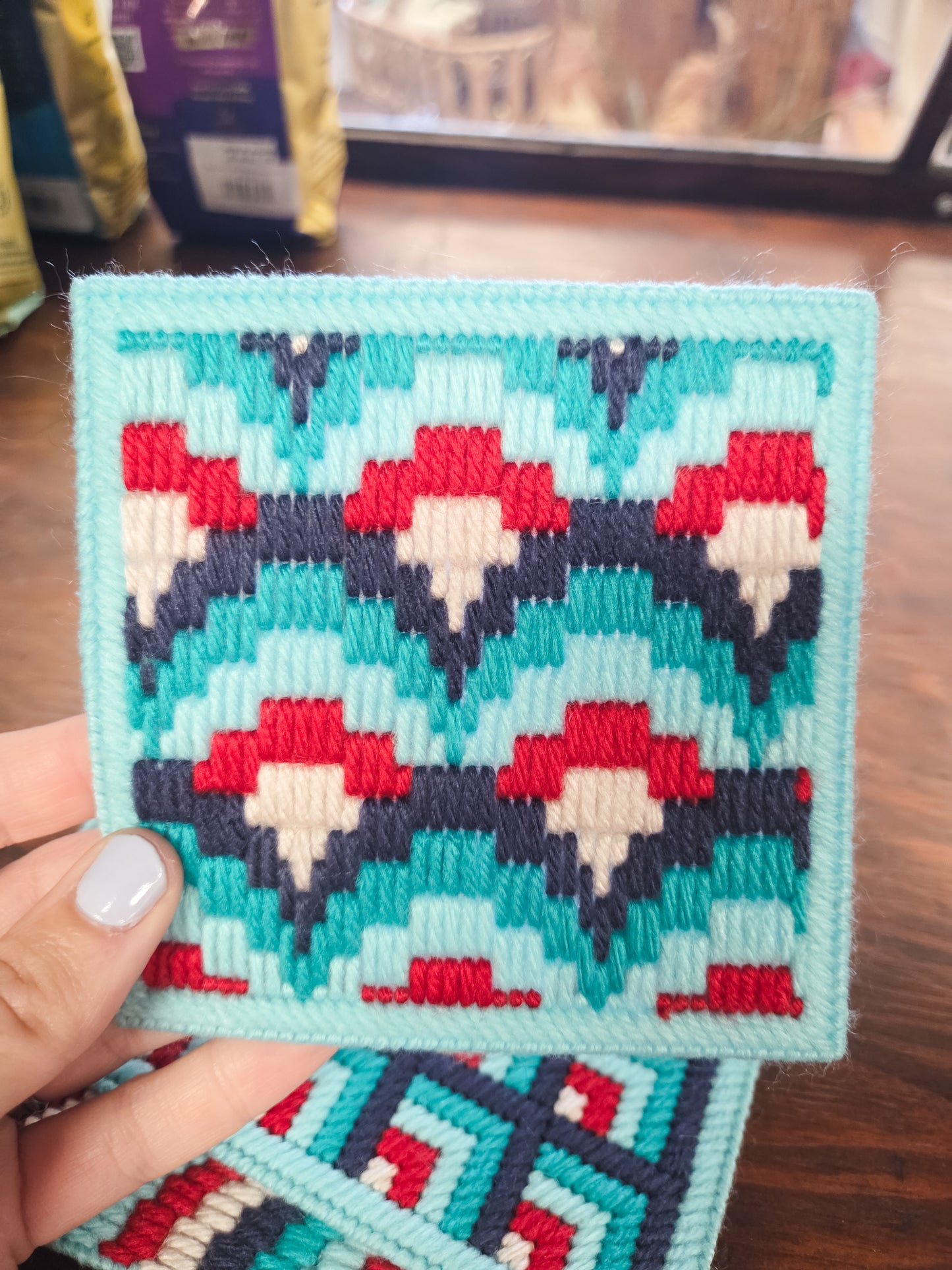 Handmade Bargello Coaster Set of 4 (Blue/Red)