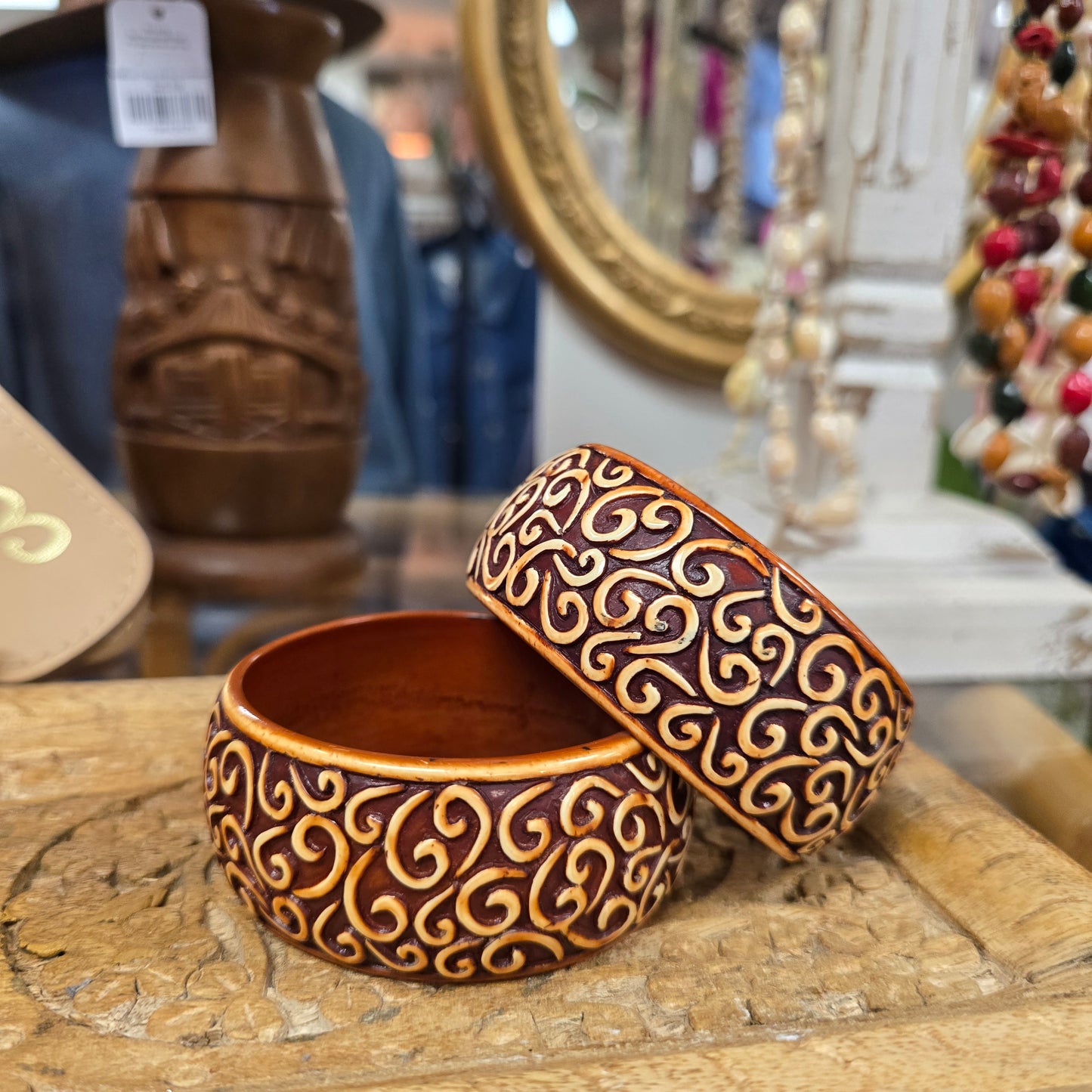 Vintage Faux Wood Bangle with Carved Design