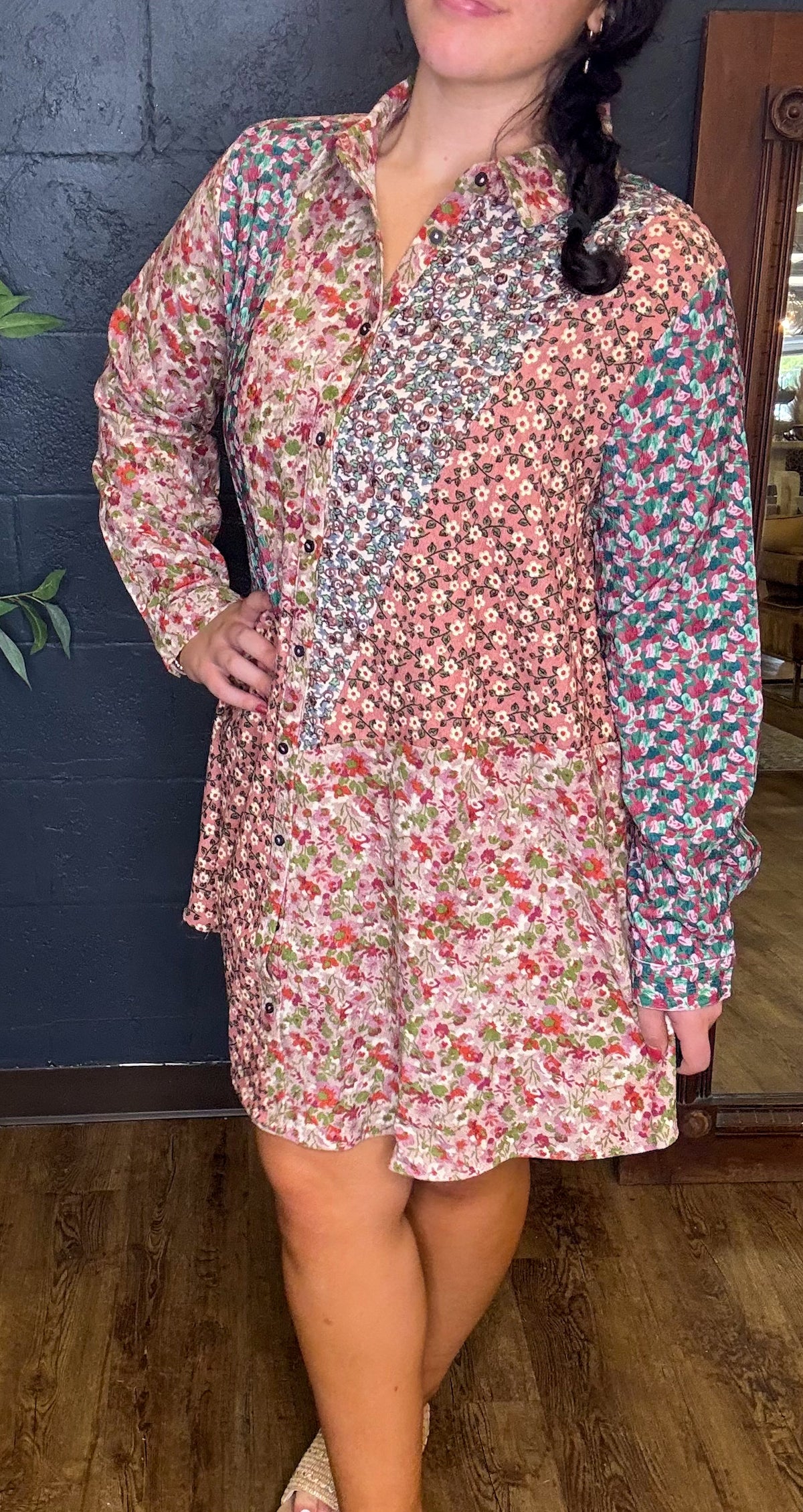Caroline Corduroy Floral Patchwork Panel Mini Shirt Dress (Small to XL)