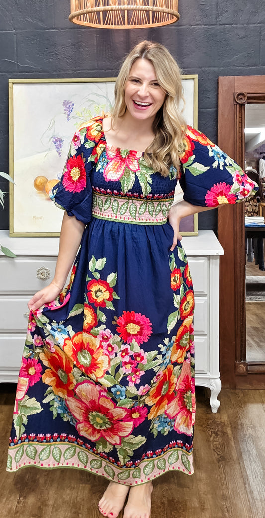 In the Garden Floral Smocked Bodice Maxi Dress (Small to 3XL)