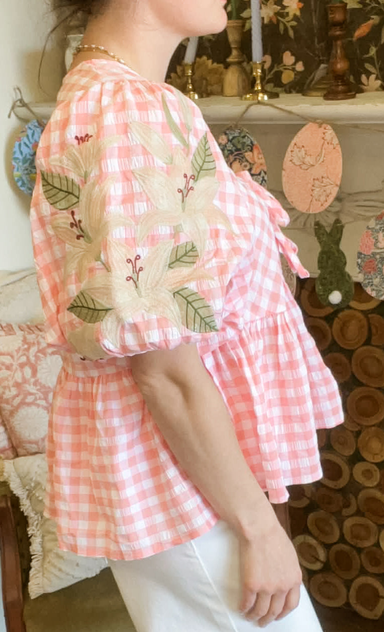 Spring Embroidery Bouquets Coral Gingham Blouse (Small to Large)