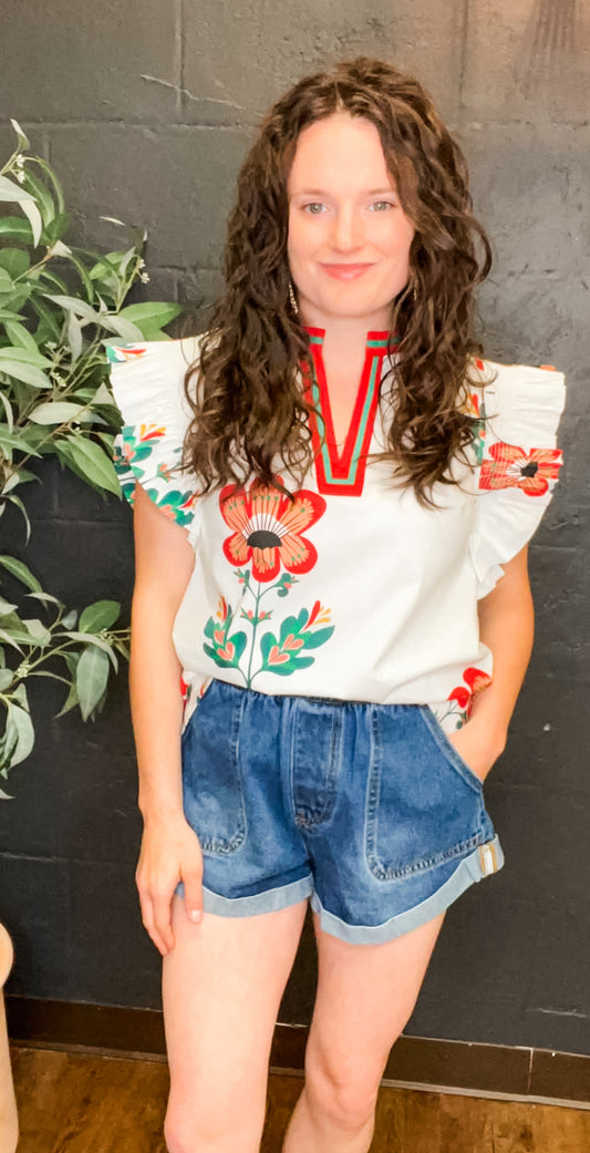 Ruffled Sleeves Floral Print Woven Top