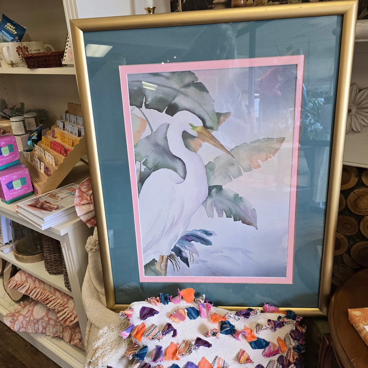 Vintage Print of an Egret and Tropical Foliage