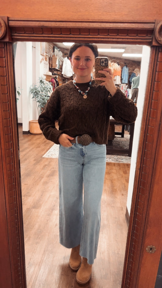 Analea Cropped Cable Knit Sweater in Brown (Small to Large)