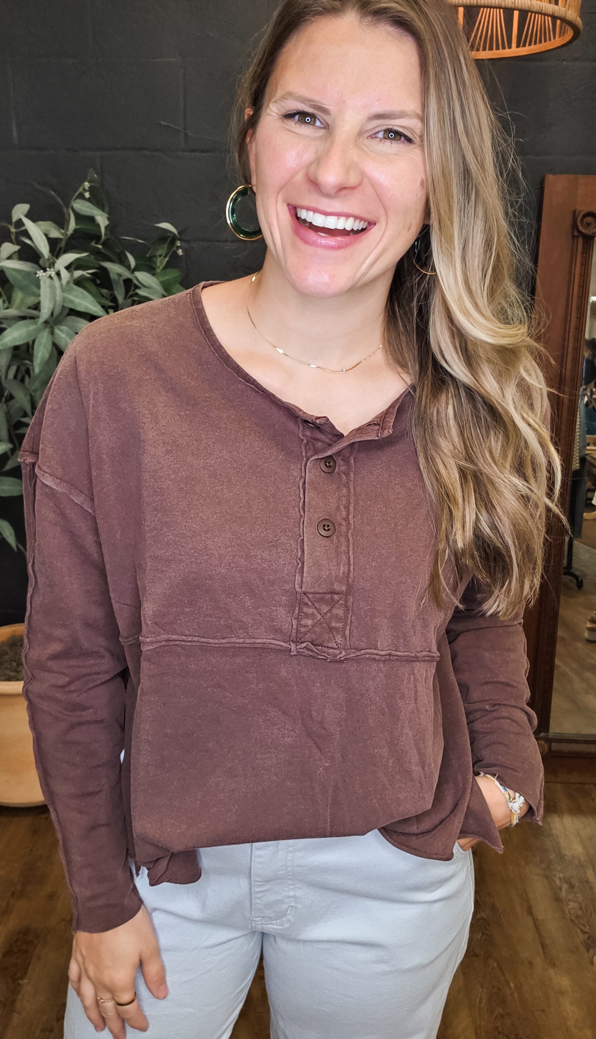Over the Hill Oversized Henley with Raw Edge Available in Multi Colors (Small to Large)