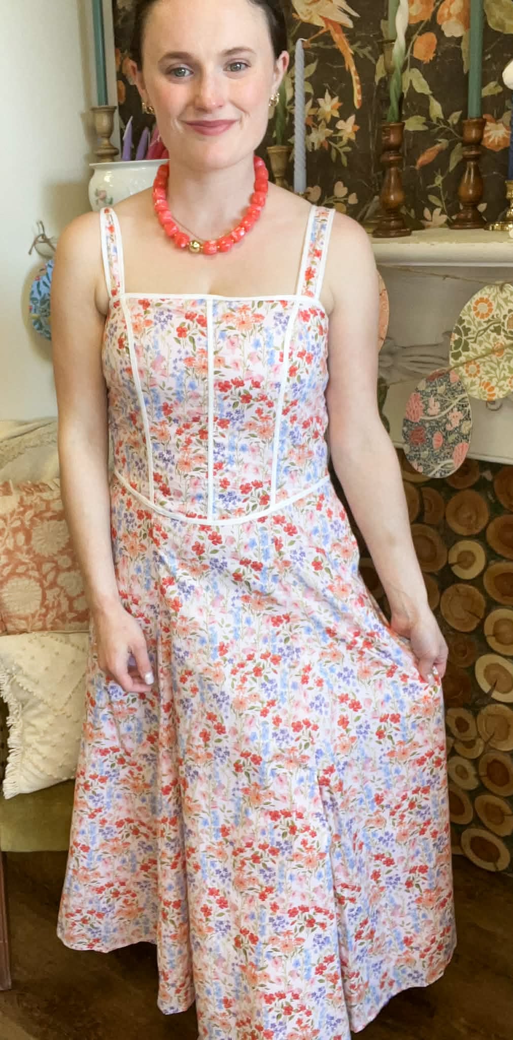CONTRAST PIPED FLORAL MAXI DRESS