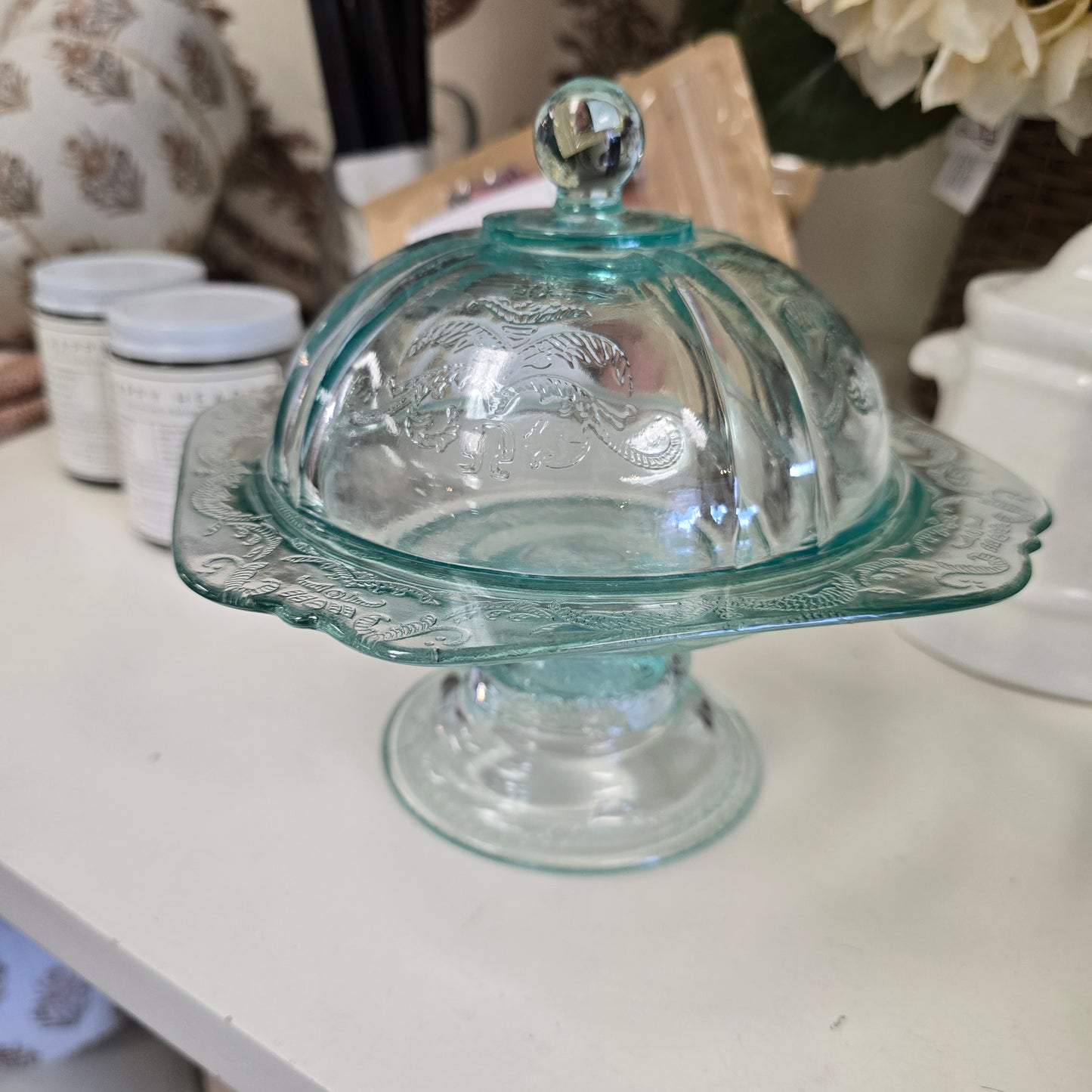 Vintage Indiana Glass Teal Madrid Pedestal Butter Dish