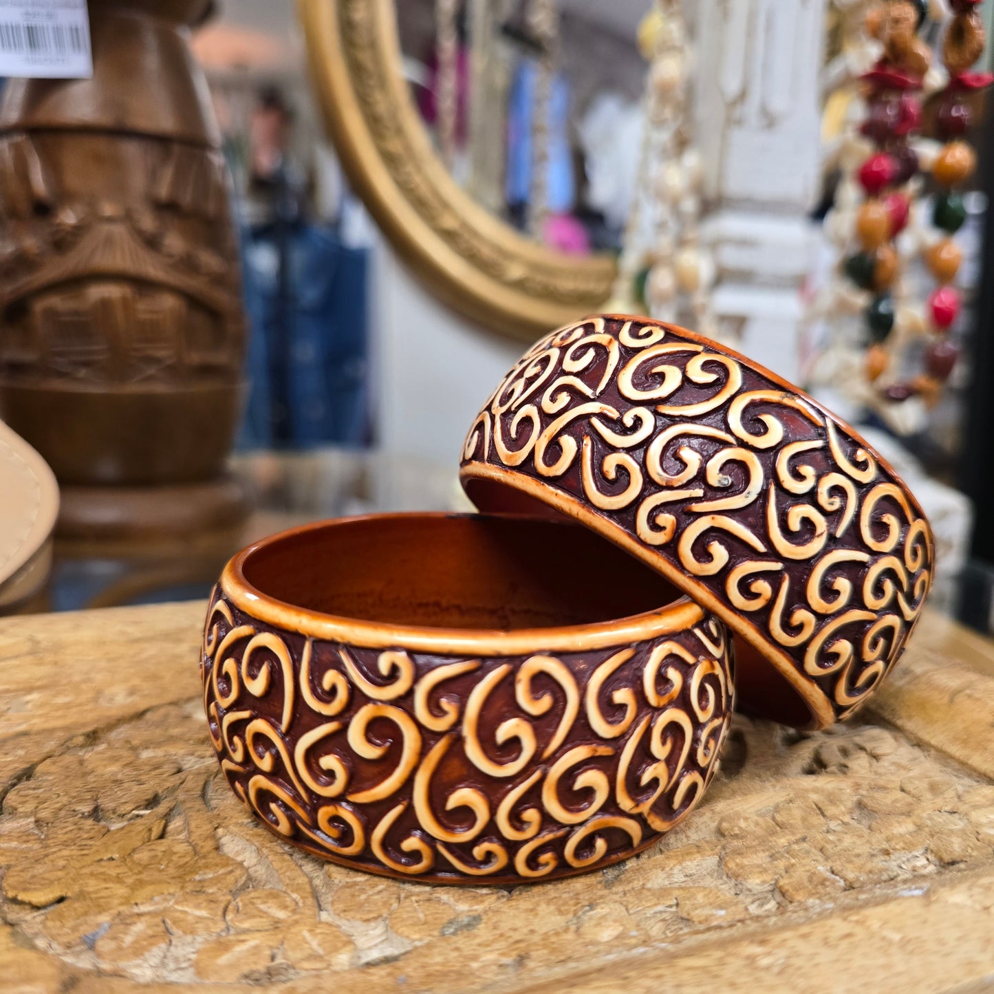 Vintage Faux Wood Bangle with Carved Design