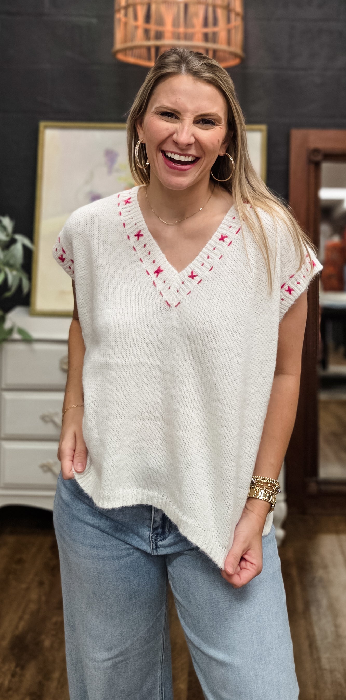 Amelia Ivory Sweater with Pink Detail Sweater (Small to XL)