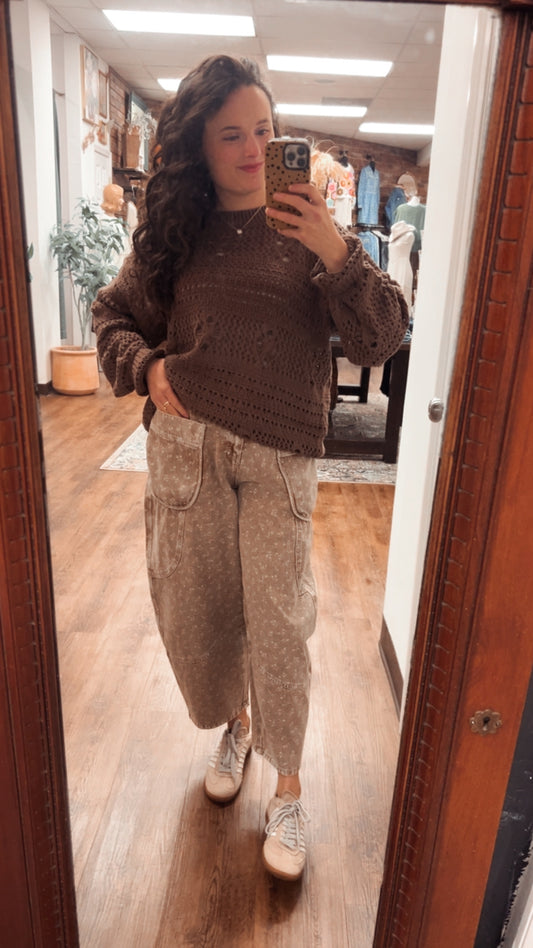 Latte Washed Floral Print Barrel Pant (Small to Large)