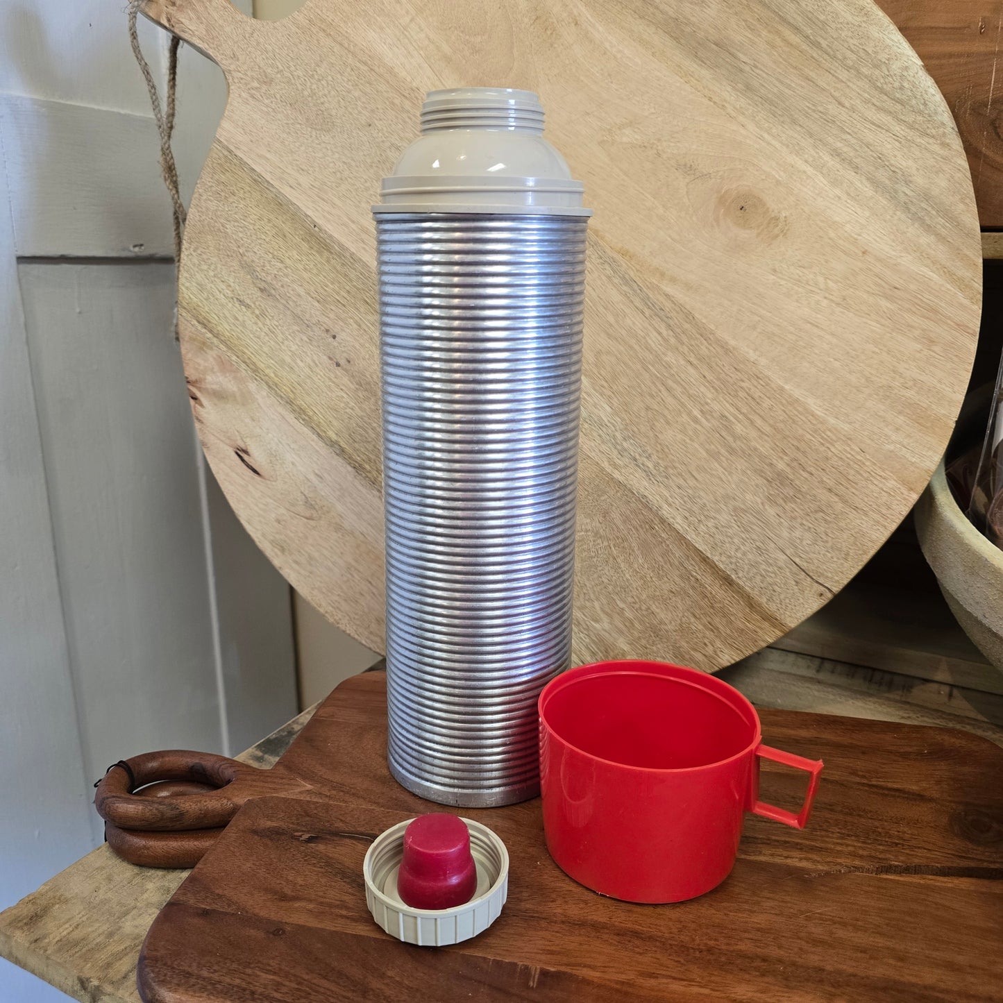 Tall Vintage Thermos with Red Cap