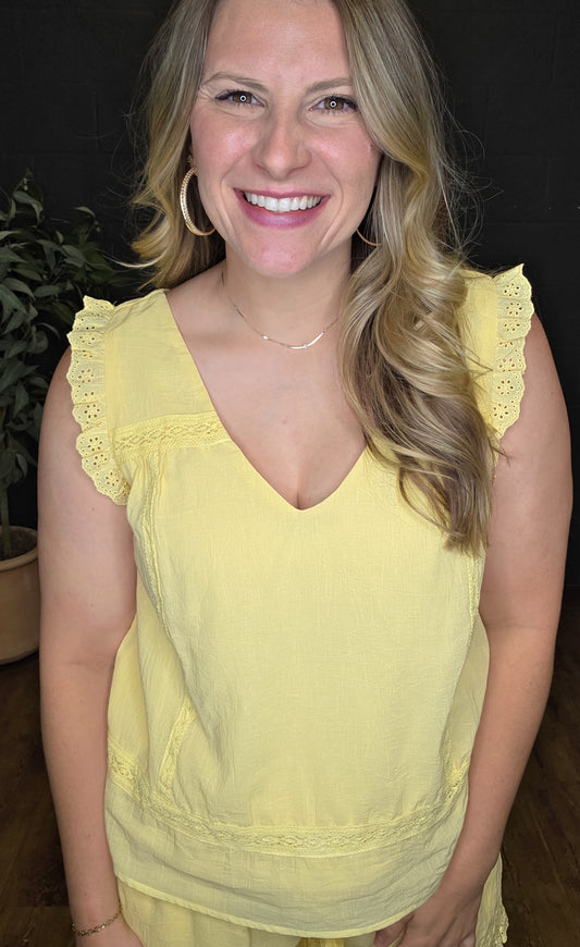 Lemonade Eyelet Ruffle Trim Tank