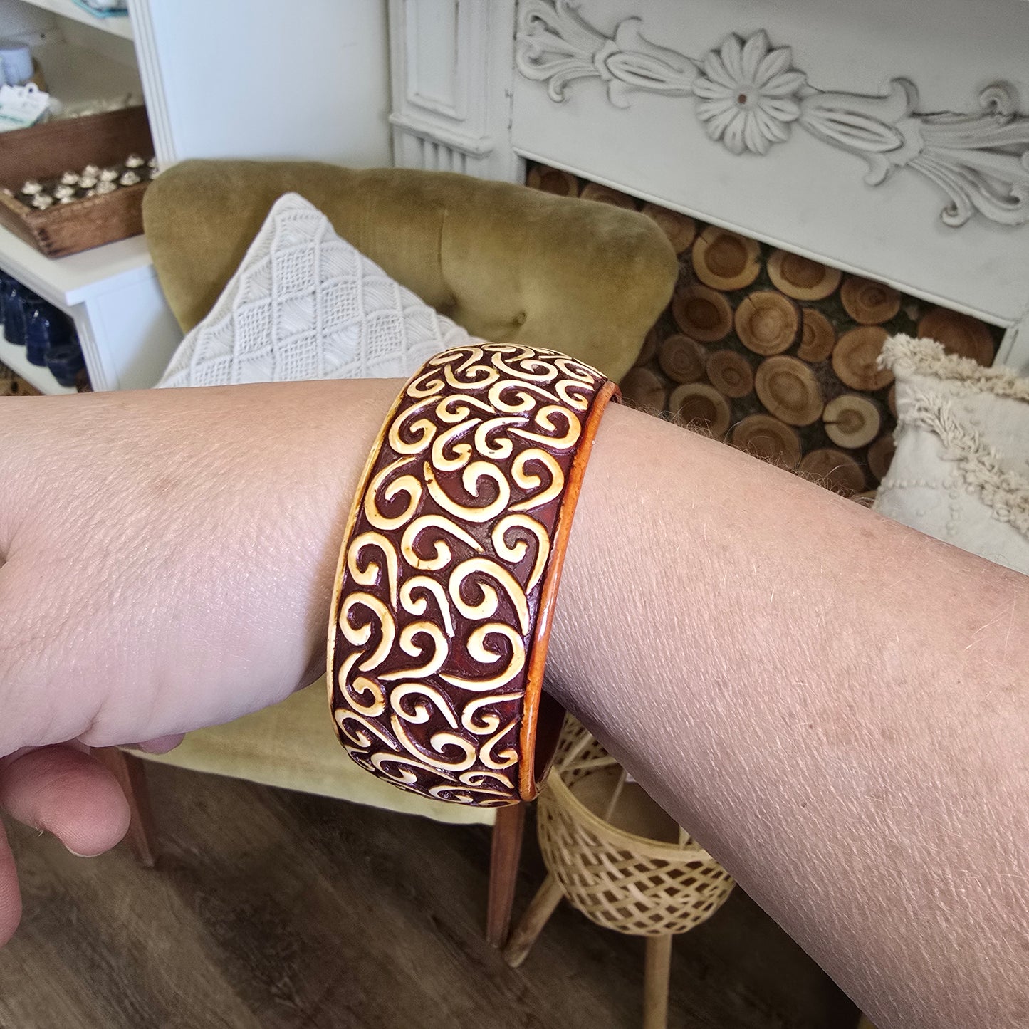 Vintage Faux Wood Bangle with Carved Design