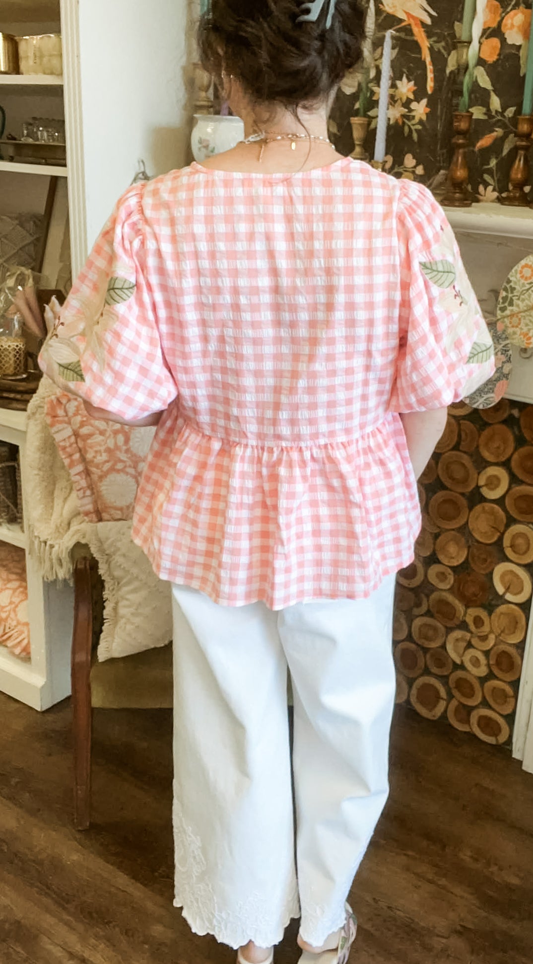 Spring Embroidery Bouquets Coral Gingham Blouse (Small to Large)