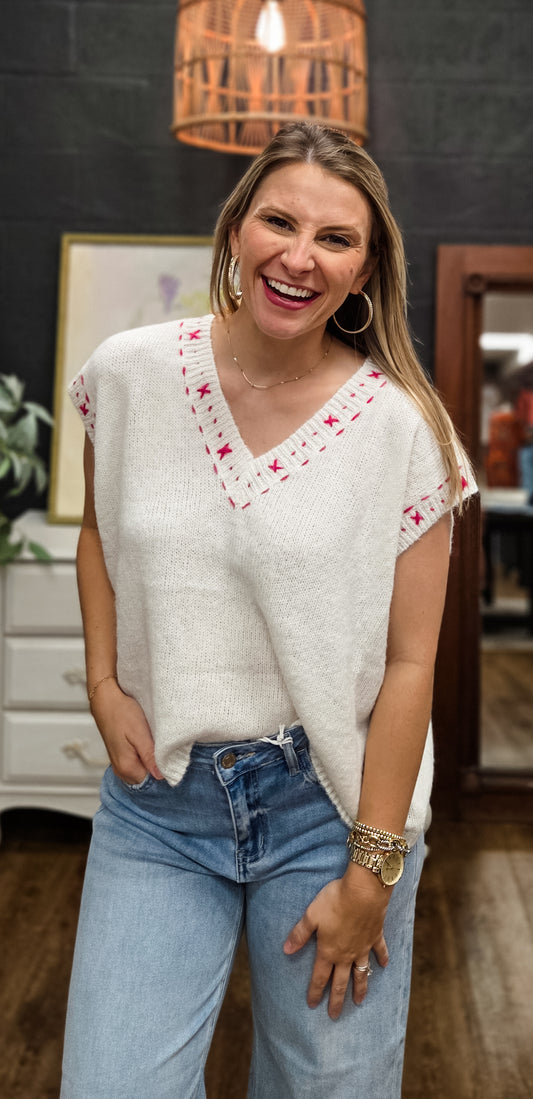 Amelia Ivory Sweater with Pink Detail Sweater (Small to XL)