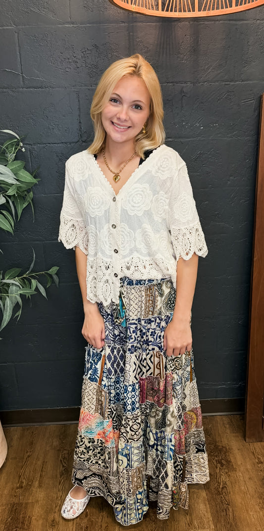 Crochet Trim Neckline Short Sleeve Jacket Top