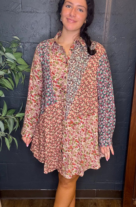 Caroline Corduroy Floral Patchwork Panel Mini Shirt Dress (Small to XL)