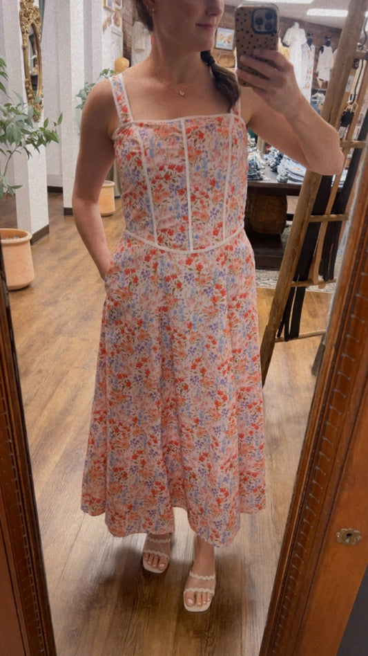 CONTRAST PIPED FLORAL MAXI DRESS