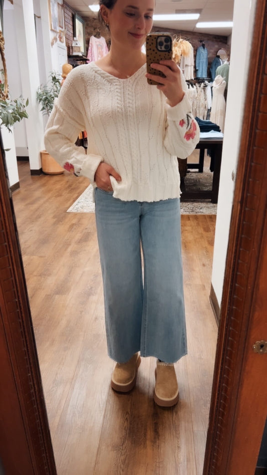 Beloved Floral Sleeve Embroidery Ivory Sweater (Small to XL)