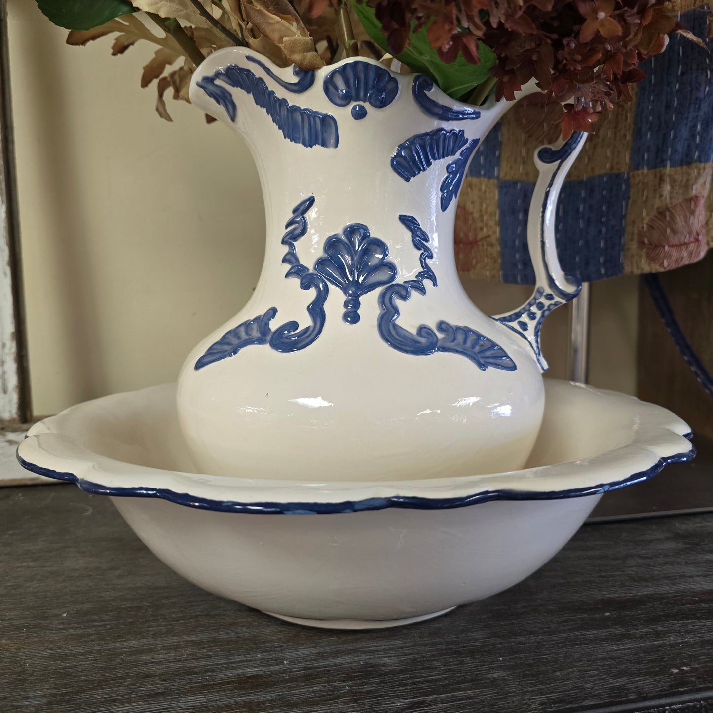 Vintage Blue and Ivory Ceramic Pitcher and Basin